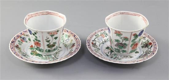 Two Chinese famille verte hexagonal cups and a pair of similar saucers, Kangxi period, 6.5cm and 13.5cm, faults